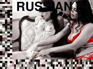 Two super hot russian lesbians sasha rose and kira queen use a double head dildo