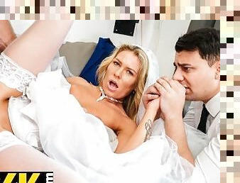 DEBT4k. Curly blonde is enjoying sex while cuckold groom is watching