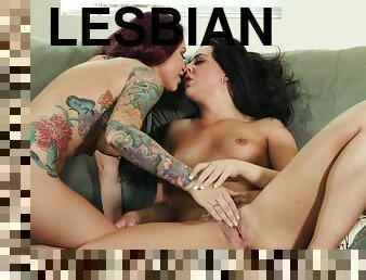 Face sitting and pussy licking action with tattooed lesbians