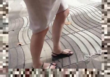 Suede pencil skirt in Barcelona holiday with pedicured feet voyeur candid
