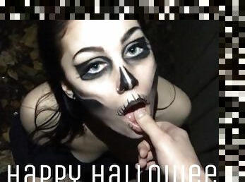 Spooky Slut Skull Fucked and Railed Hard Outside