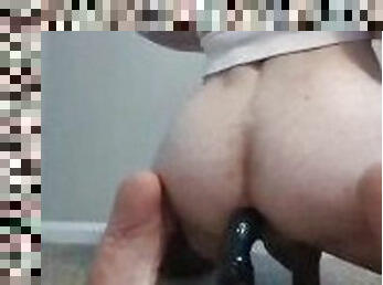 Skinny teen femboy toying with BBC horse dildo