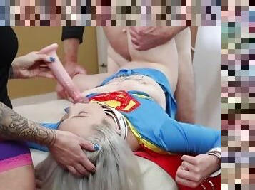 Supergirl Kay Carter in Bondage is Spit Roasted Deepthroat Blowjob Girl-Girl Strap-on and Facial