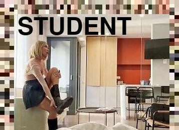hungry student masturbates, I saw and fucked her. cum in mouth