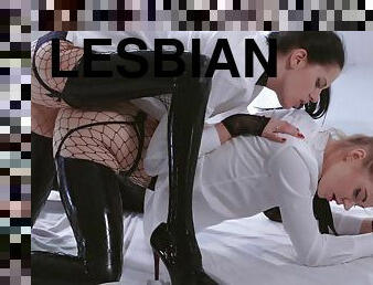 masturbación, lesbiana, juguete, estrella-del-porno, rubia, fetichista, látex, morena