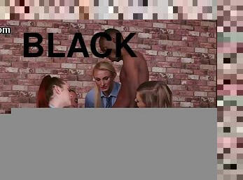 Uniformed CFNM ladies caress a black cock in the meeting room