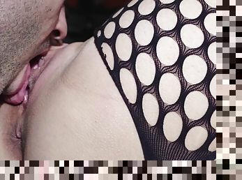 Im wearing my fishnet stockings and he cant resist, he has to lick my shaved pussy until I cum... Im so wet