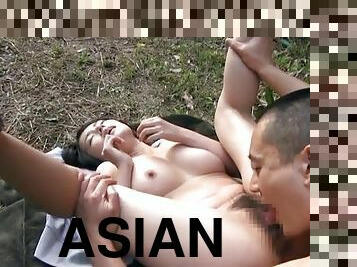 Asian woman with amazing tits fucked hard in a public place