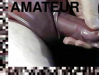 Small cock cum in rubber pants with penis cover