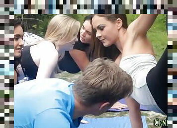 British sluts suck cock in outdoor femdom session