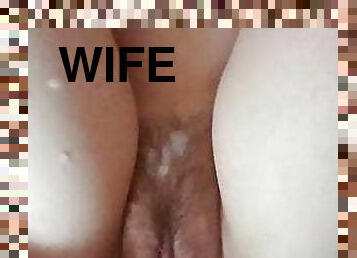 I cum on my whore wife&#039;s unshaved pussy