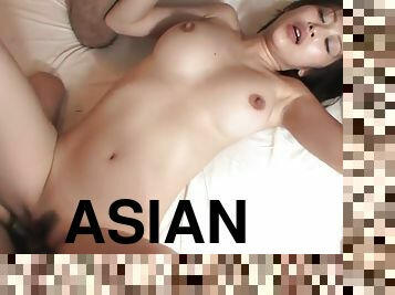 Hot Asian with an amzing ass sucks on three cocks