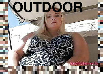 Big tits and belly blonde pissing outdoors