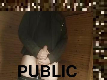 Exhibitionist with BIG COCK jerks off inside a cabin in a PUBLIC PARK! Risky CUMSHOT close to the se