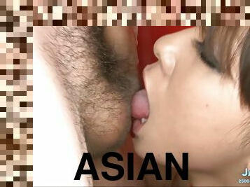 Sexy Asian mom gives rimjob and plays with hairy balls of her lover