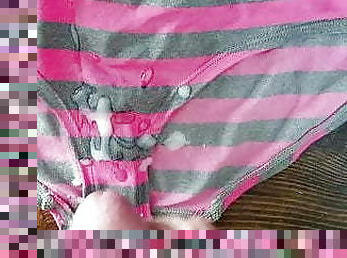 Cum on wife&#039;s striped panties