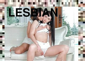Lesbian brunette teens make out tender and finger bald pussy