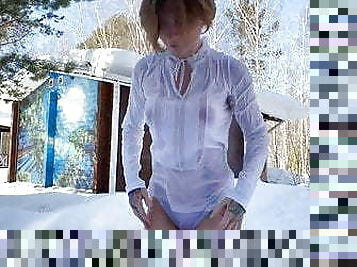 Blonde slut in a wet white shirt shows her sexy hard nipples