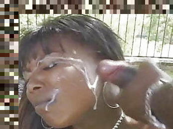 Dark skinned brunette loves to fuck in a backyard