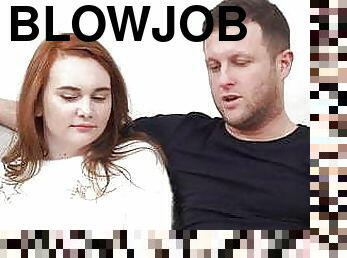 Geeky redhead blowing guy before doggystyle