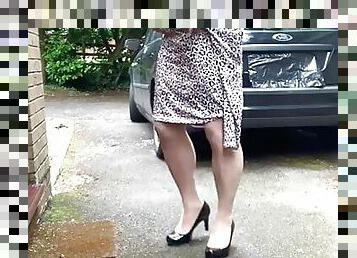 Amateur crossdresser Kellycd2022 sexy milf masturbation cumshot in pantyhose outdoors public on the driveway big tits