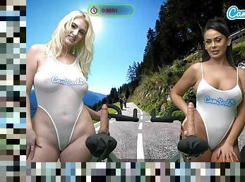 Blonde And Brunette Go Riding With Dildos