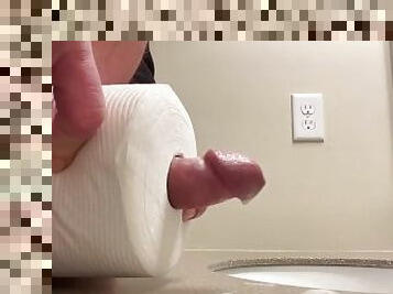 Toilet paper roll test fail makes long cock explode cum