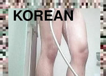 Korean fit boy jerking off while taking shower
