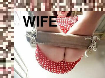 Depraved housewife swinging with panties on a swing