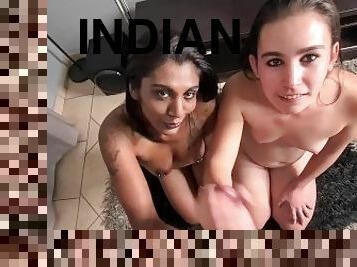 Indian and white girls sucking and jerking white dick till I cum on the desi slut  interracial