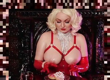 Sexy Hot Blonde MILF Arya Grander eating donuts - food fetish in latex rubber opera long gloves