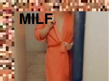Naughty Milf gets naked in hotel lobby elevator