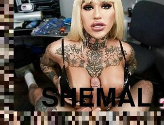 shemale, pov, blond, 3d, verklighet, tatuering, hårt