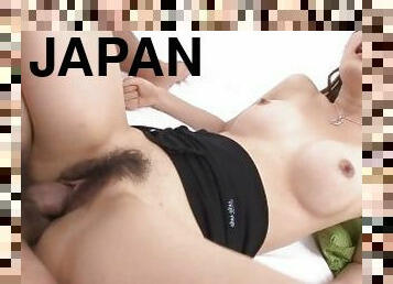 Japanese babe gets her hairy cunt banged deep by horny boyfriend on the bed