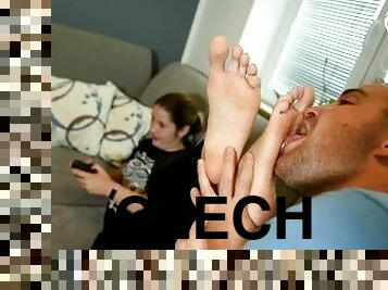 College girl plays video games as her feet get worshiped (big feet, young feet, foot worship, soles)