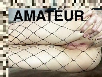 horny teen in fishnets gets fingered and cums HARD