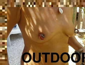 nippleringlover topless nude outdoors - pierced pussy labia rings - huge nipple piercings - close up