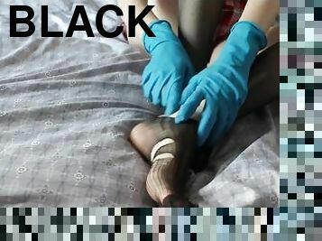 SEXY SCHOOLGIRL IN BLUE MEDICAL GLOVES TEASES HER LONG LEGS AND PLAYS WITH HER TOES BLACK NYLON