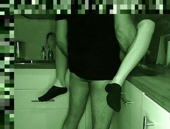 The neighbor's husband is asleep and we fuck quickly in the kitchen BLACK SOCKS, NIGHT VISION