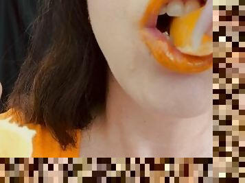 ASMR Sensually Eating Orange Fruit Mouth Close Up by Pretty MILF Jemma Luv