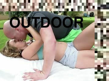 Tiny blonde gets fucked by her trainer outdoors
