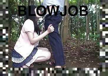 Riko tanabe gives a quick blowjob to her boyfriend in a forest