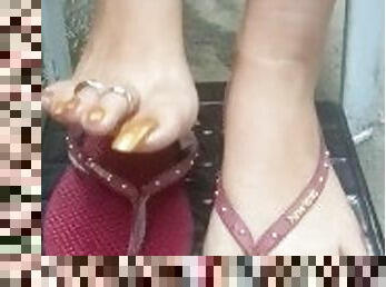 My golden nail polish on my longtoenails