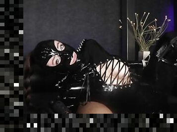 Cristal Kinky in Latex gasmask and hood POV teasing sub in chastity handjob and blowjob Preview