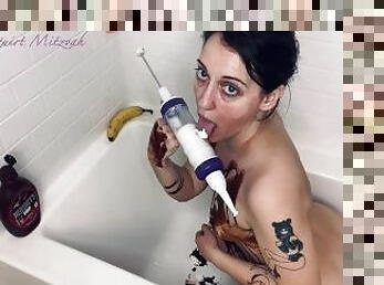 Jewish slut turns self into a messy sundae and stuffs holes with whipped cream and banana