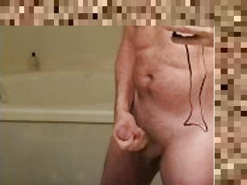 Stroking cock in mirror while watching pussy