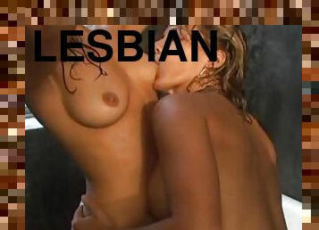 Two beautiful blonde and brunette lesbians fuck in the shower with their hot bodies and big tits