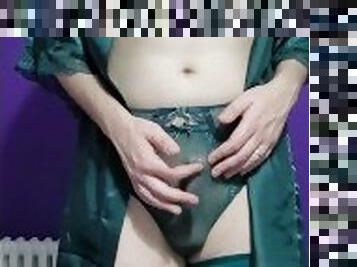Crossdresser cums in sexy green satin and lace lingerie