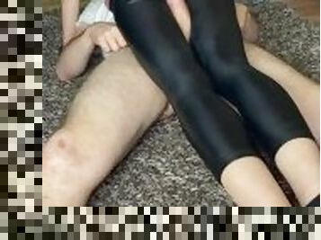 Shiny Leather Leggings Posing Thigh Job Handjob and Cum