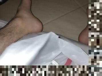 I was trying to cumshot in the bag but i miss and cum in my legs and feet